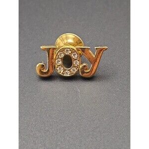 Vintage Avon Gold Tone Joy Lettering Clear Rhinestones Lapel Pin